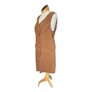 Vtg 1990s Miss Dorby Camel Tan Faux Suede Button Up Overall Jumper Dress Sz 12